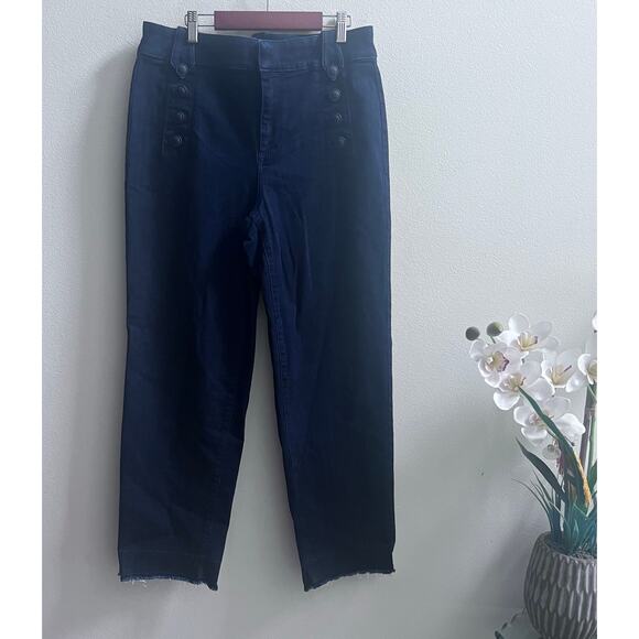 Talbots High Rise Wide Leg Sailor Jeans 10‎ Blue Dark Wash Women's Raw Hem - Picture 1 of 10